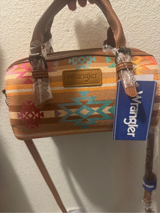Wrangler Handbags - Wrangler Tan Crossbody with Turquoise & Pink Aztec Accent